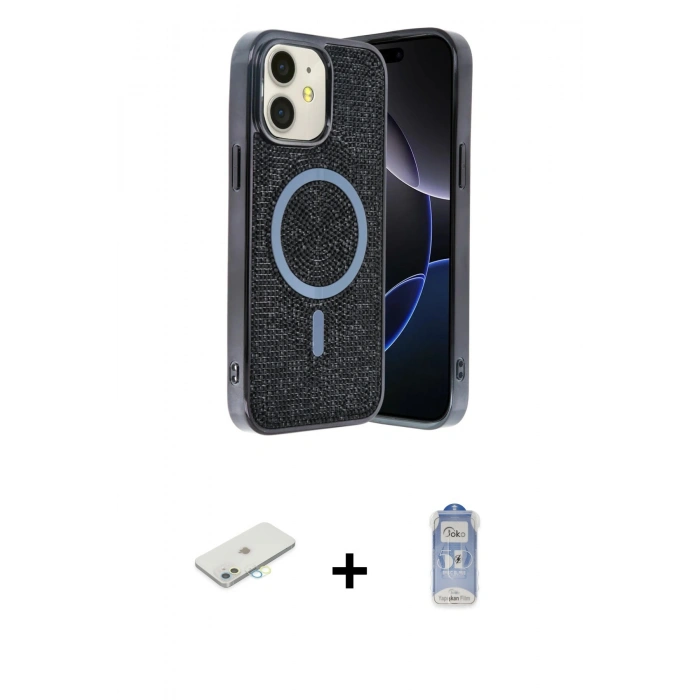 MARSİLYAN™- iPhone 11 Kılıf Eksen Çizgi - Siyah Joko Magic 5D Cam + Sarı Renkli Kamera Lens Koruma Cam