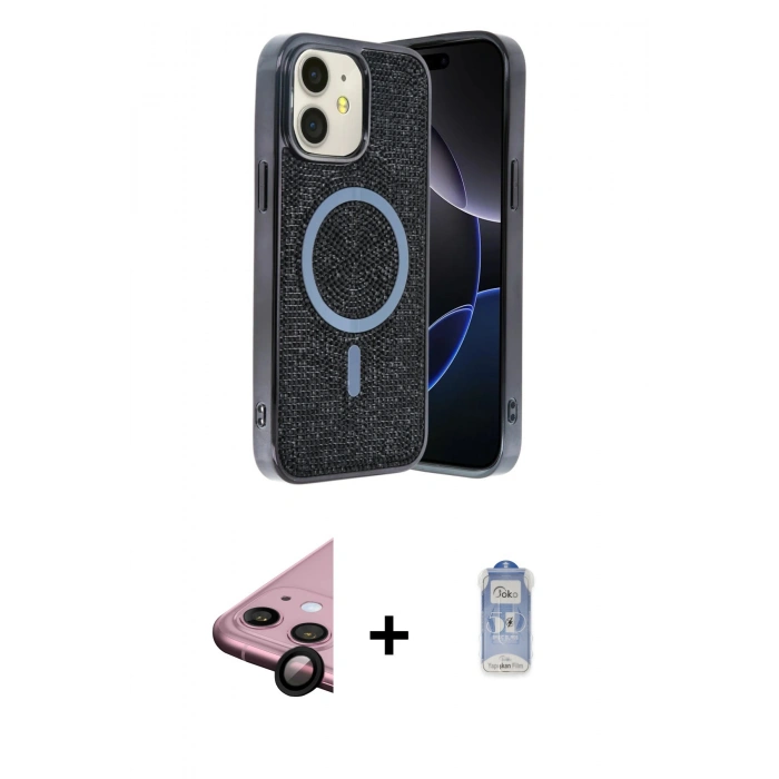 MARSİLYAN™- iPhone 11 Kılıf Eksen Çizgi - Siyah Joko Magic 5D Cam + Raze Metal Kamera Lens - SH