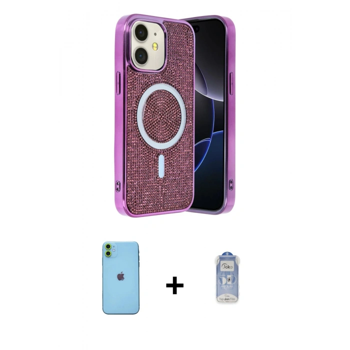 MARSİLYAN™- iPhone 11 Kılıf Eksen Çizgi - Siyah Joko Magic 5D Cam + Yeşil Neon Fosforlu Kamera Lens