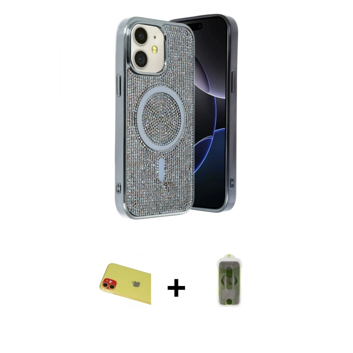 MARSİLYAN™- iPhone 11 Kılıf Eksen Çizgi - Siyah Joko Magic 5D Hayalet Cam + Rainbow Kamera Lens Koruma Cam - KI