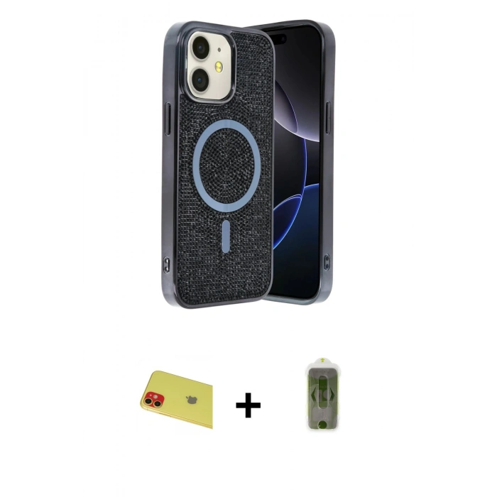 MARSİLYAN™- iPhone 11 Kılıf Eksen Çizgi - Siyah Joko Magic 5D Hayalet Cam + Rainbow Kamera Lens Koruma Cam - KI