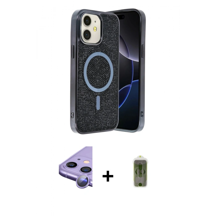MARSİLYAN™- iPhone 11 Kılıf Eksen Çizgi - Siyah Joko Magic 5D Hayalet Cam + Raze Metal Kamera Lens - MR