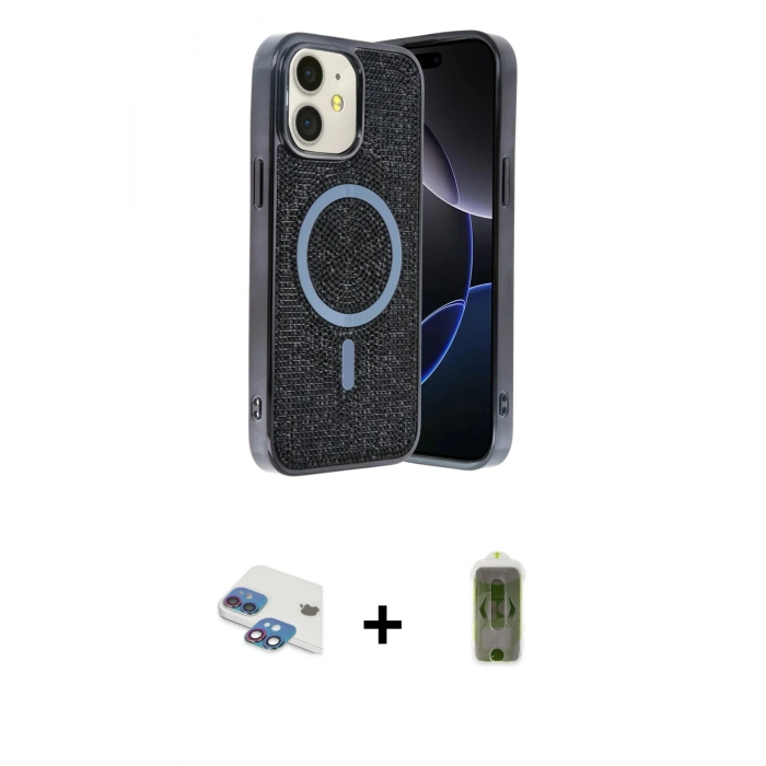 MARSİLYAN™- iPhone 11 Kılıf Eksen Çizgi - Siyah Joko Magic 5D Hayalet Cam + Pers Alüminyum Kamera Lens - GI