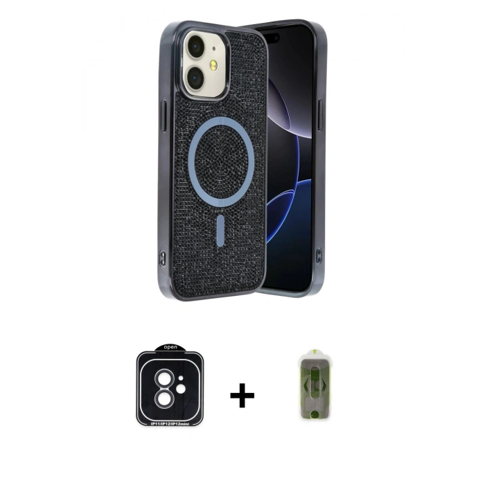 MARSİLYAN™- iPhone 11 Kılıf Eksen Çizgi - Siyah Joko Magic 5D Hayalet Cam + PVD Metal Kamera Lens - SH