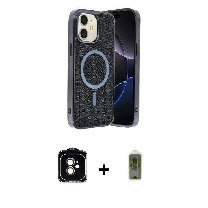 MARSİLYAN™- iPhone 11 Kılıf Eksen Çizgi - Siyah Joko Magic 5D Hayalet Cam + PVD Metal Kamera Lens - TU