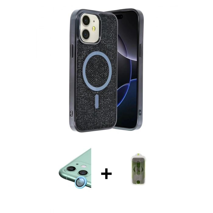 MARSİLYAN™- iPhone 11 Kılıf Eksen Çizgi - Siyah Joko Magic 5D Hayalet Cam + Raze Metal Kamera Lens - MI