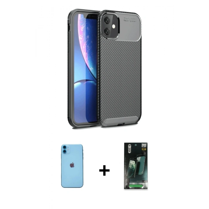 MARSİLYAN™- iPhone 11 Kılıf Eksen Form Prime - Şeffaf 360 Full Body Arka Koruyucu + Neon Fosforlu Kamera Lens - MI