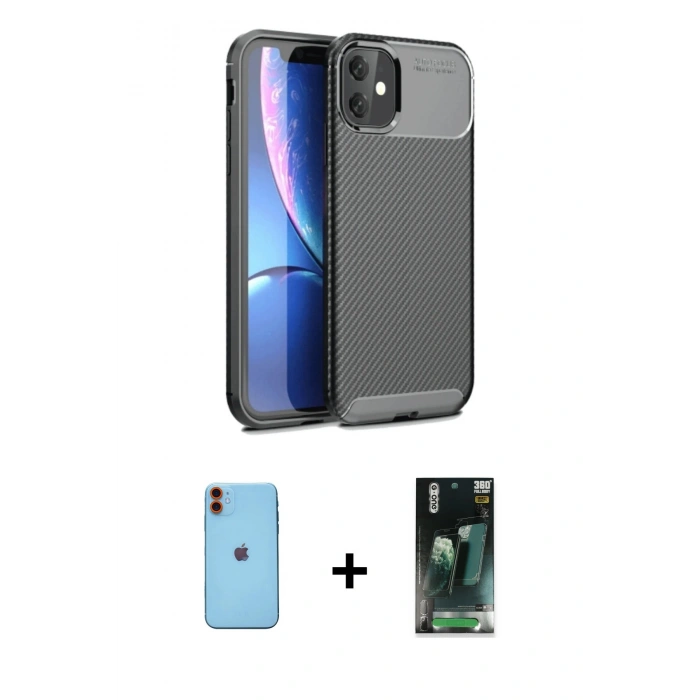 MARSİLYAN™- iPhone 11 Kılıf Eksen Form Prime - Şeffaf 360 Full Body Arka Koruyucu + Neon Fosforlu Kamera Lens - TU