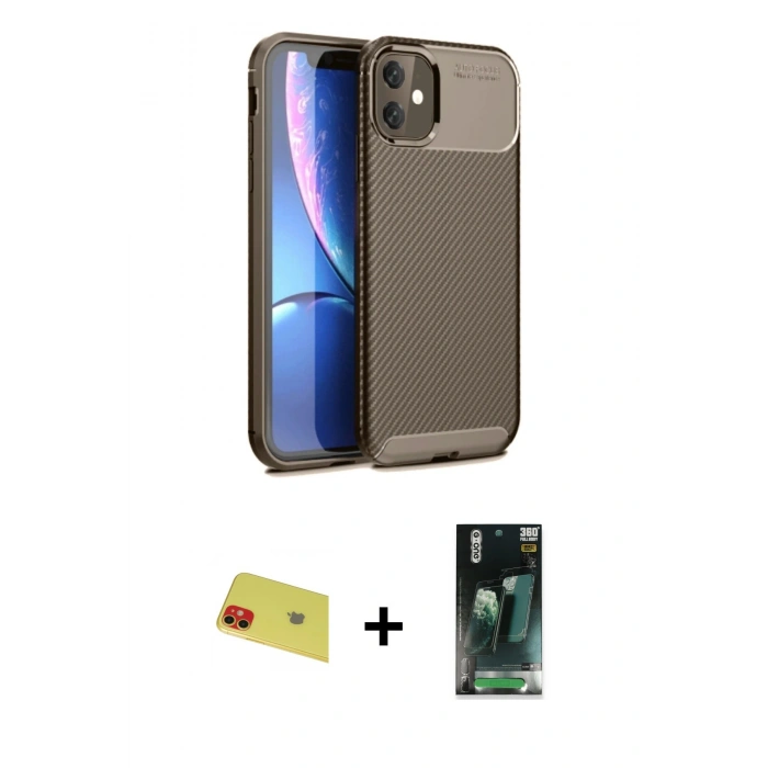 MARSİLYAN™- iPhone 11 Kılıf Eksen Form Prime - Şeffaf 360 Full Body Arka Koruyucu + Rainbow Kamera Lens Koruma Cam - KI