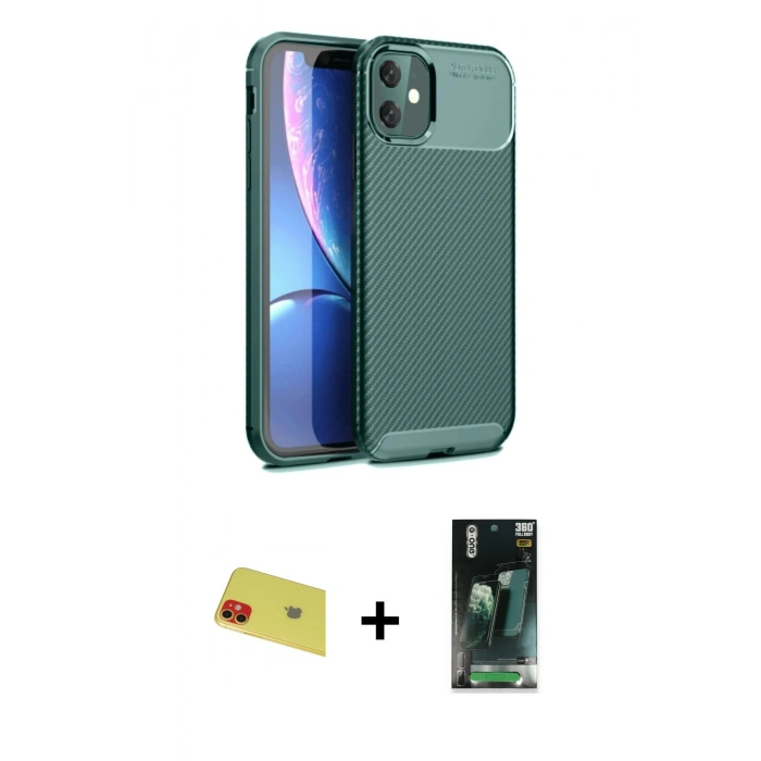 MARSİLYAN™- iPhone 11 Kılıf Eksen Form Prime - Şeffaf 360 Full Body Arka Koruyucu + Rainbow Kamera Lens Koruma Cam - KI