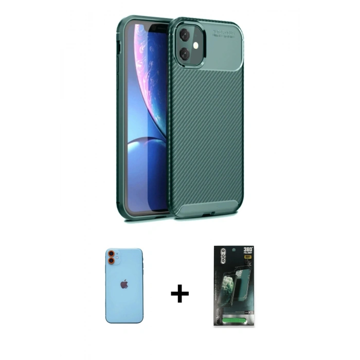 MARSİLYAN™- iPhone 11 Kılıf Eksen Form Prime - Şeffaf 360 Full Body Arka Koruyucu + Neon Fosforlu Kamera Lens - TU