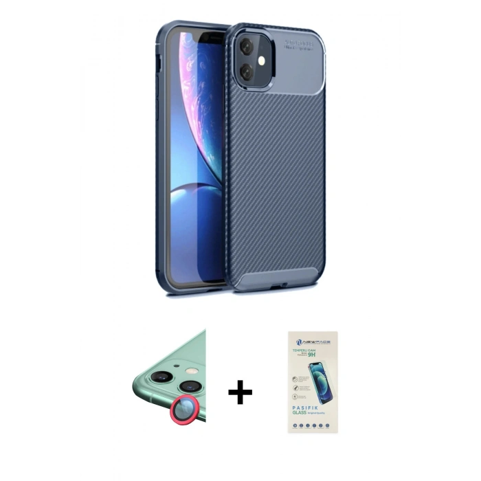 MARSİLYAN™- iPhone 11 Kılıf Eksen Form Prime - Şeffaf Pasifik Cam Ekran Koruyucu + Raze Metal Kamera Lens - KI