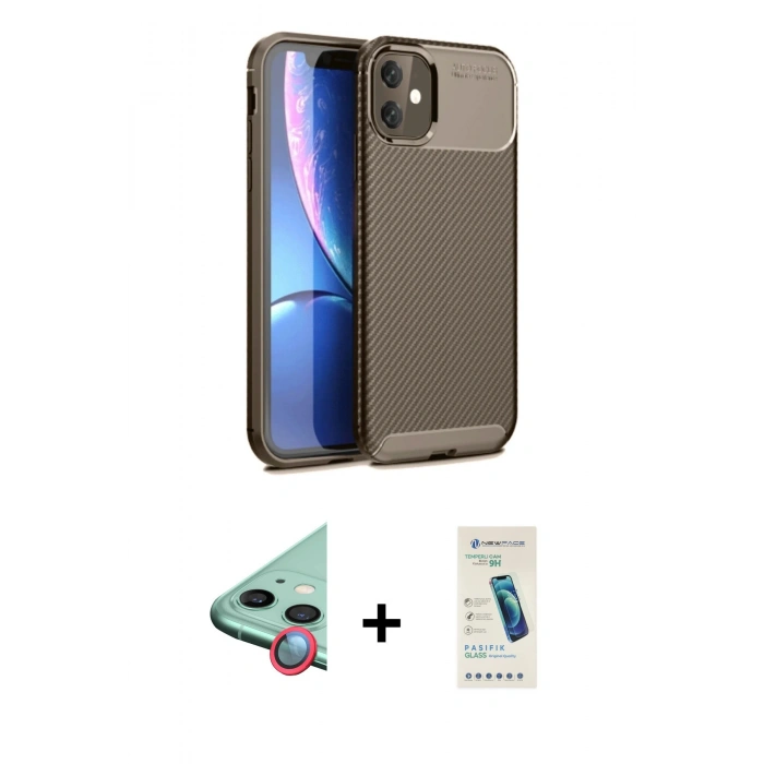 MARSİLYAN™- iPhone 11 Kılıf Eksen Form Prime - Şeffaf Pasifik Cam Ekran Koruyucu + Raze Metal Kamera Lens - KI