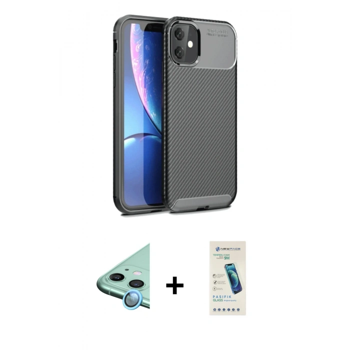 MARSİLYAN™- iPhone 11 Kılıf Eksen Form Prime - Şeffaf Pasifik Cam Ekran Koruyucu + Mavi Raze Metal Kamera Lens