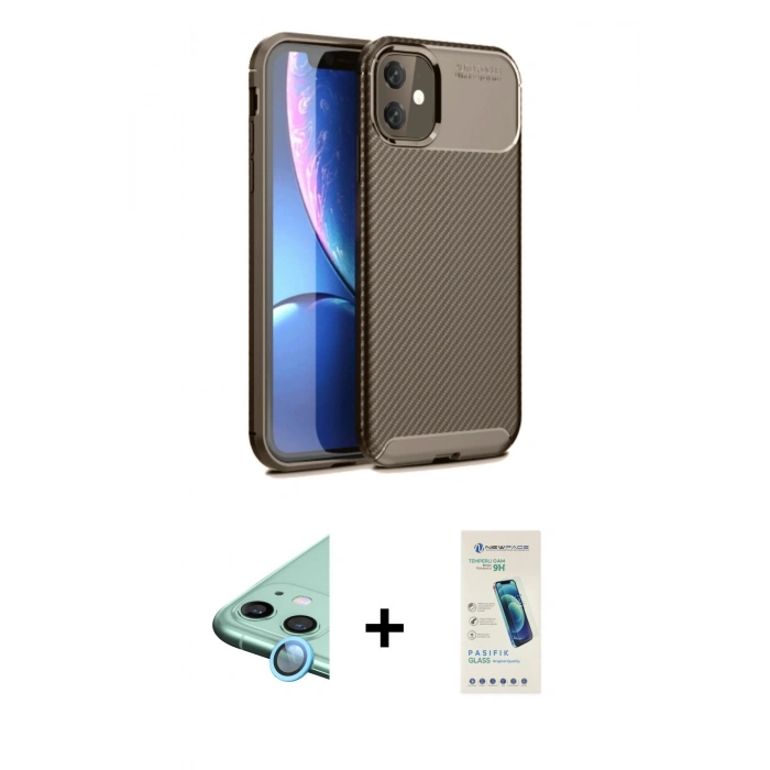 MARSİLYAN™- iPhone 11 Kılıf Eksen Form Prime - Şeffaf Pasifik Cam Ekran Koruyucu + Mavi Raze Metal Kamera Lens