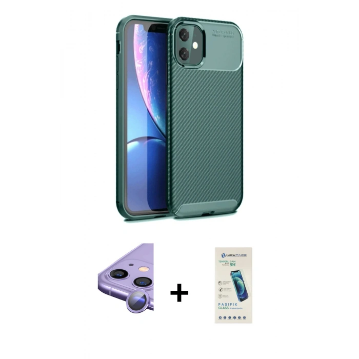 MARSİLYAN™- iPhone 11 Kılıf Eksen Form Prime - Şeffaf Pasifik Cam Ekran Koruyucu + Raze Metal Kamera Lens - MR