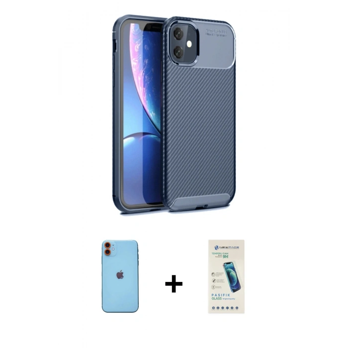 MARSİLYAN™- iPhone 11 Kılıf Eksen Form Prime - Şeffaf Pasifik Cam Ekran Koruyucu + Neon Fosforlu Kamera Lens - TU