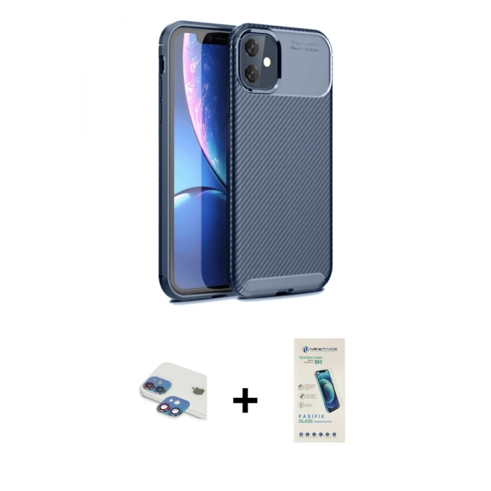 MARSİLYAN™- iPhone 11 Kılıf Eksen Form Prime - Şeffaf Pasifik Cam Ekran Koruyucu + Pers Alüminyum Kamera Lens - GI