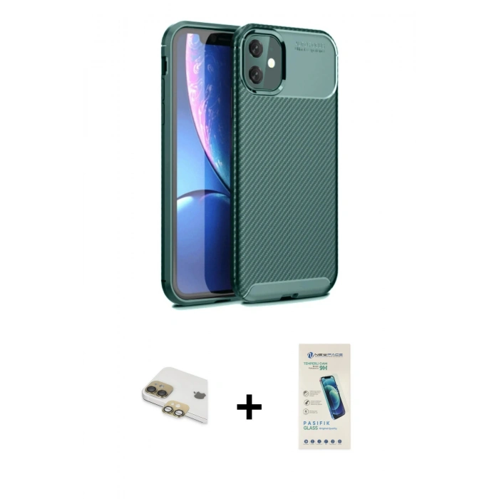 MARSİLYAN™- iPhone 11 Kılıf Eksen Form Prime - Şeffaf Pasifik Cam Ekran Koruyucu + Pers Alüminyum Kamera Lens - GD