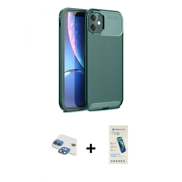MARSİLYAN™- iPhone 11 Kılıf Eksen Form Prime - Şeffaf Pasifik Cam Ekran Koruyucu + Pers Alüminyum Kamera Lens - GI