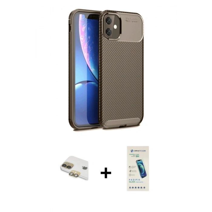 MARSİLYAN™- iPhone 11 Kılıf Eksen Form Prime - Şeffaf Pasifik Cam Ekran Koruyucu + Pers Alüminyum Kamera Lens - GD