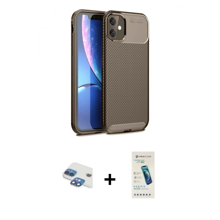 MARSİLYAN™- iPhone 11 Kılıf Eksen Form Prime - Şeffaf Pasifik Cam Ekran Koruyucu + Pers Alüminyum Kamera Lens - GI