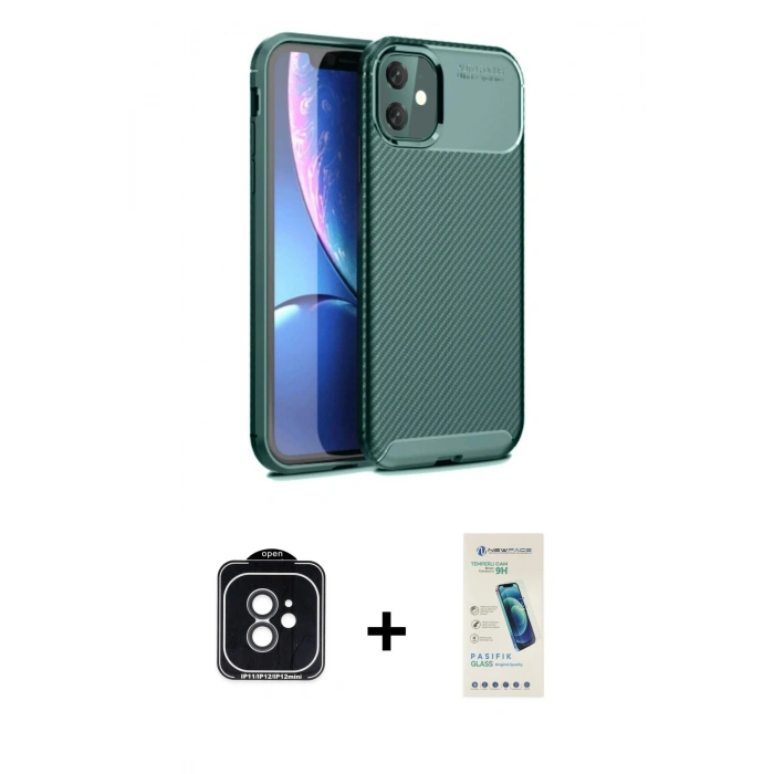 MARSİLYAN™- iPhone 11 Kılıf Eksen Form Prime - Şeffaf Pasifik Cam Ekran Koruyucu + PVD Metal Kamera Lens - SH