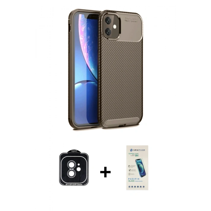 MARSİLYAN™- iPhone 11 Kılıf Eksen Form Prime - Şeffaf Pasifik Cam Ekran Koruyucu + PVD Metal Kamera Lens - SH