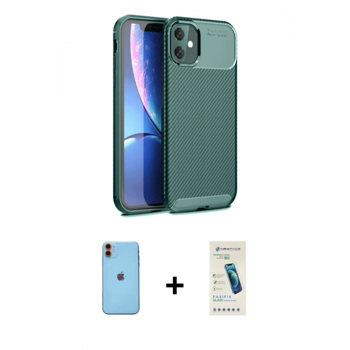 MARSİLYAN™- iPhone 11 Kılıf Eksen Form Prime - Şeffaf Pasifik Cam Ekran Koruyucu + Neon Fosforlu Kamera Lens - TU