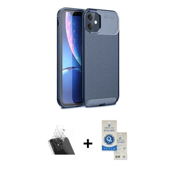 MARSİLYAN™- iPhone 11 Kılıf Eksen Form Prime - Şeffaf Royal Nano Ekran Koruyucu + Kamera Lens Koruma Cam - SF