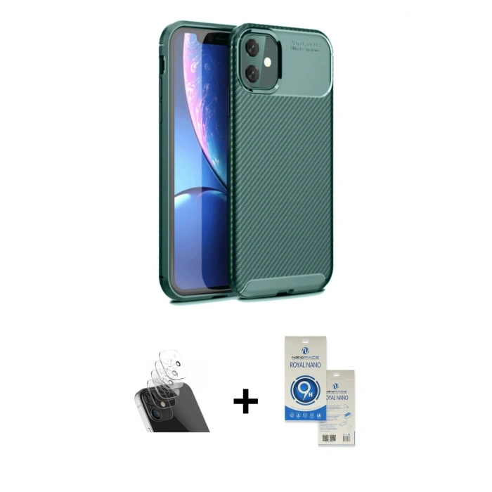 MARSİLYAN™- iPhone 11 Kılıf Eksen Form Prime - Şeffaf Royal Nano Ekran Koruyucu + Kamera Lens Koruma Cam - SF