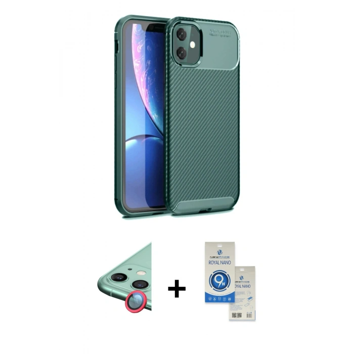MARSİLYAN™- iPhone 11 Kılıf Eksen Form Prime - Şeffaf Royal Nano Ekran Koruyucu + Raze Metal Kamera Lens - KI