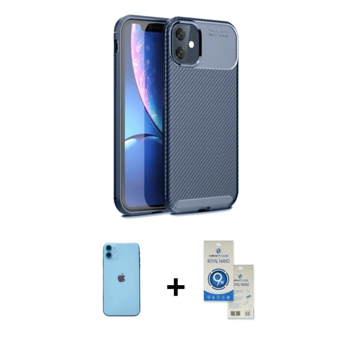 MARSİLYAN™- iPhone 11 Kılıf Eksen Form Prime - Şeffaf Royal Nano Ekran Koruyucu + Neon Fosforlu Kamera Lens - MI