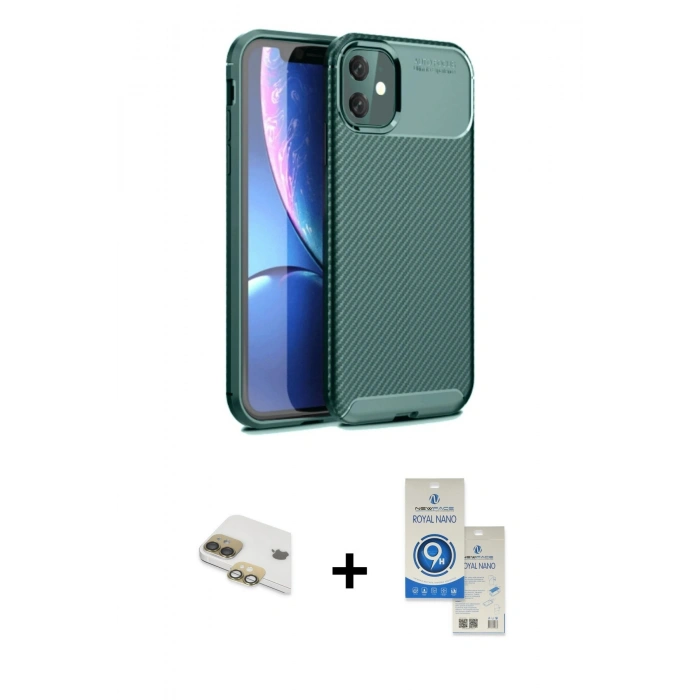 MARSİLYAN™- iPhone 11 Kılıf Eksen Form Prime - Şeffaf Royal Nano Ekran Koruyucu + Pers Alüminyum Kamera Lens - GD