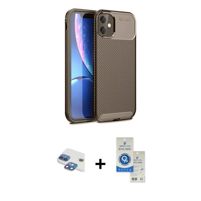 MARSİLYAN™- iPhone 11 Kılıf Eksen Form Prime - Şeffaf Royal Nano Ekran Koruyucu + Pers Alüminyum Kamera Lens - GI