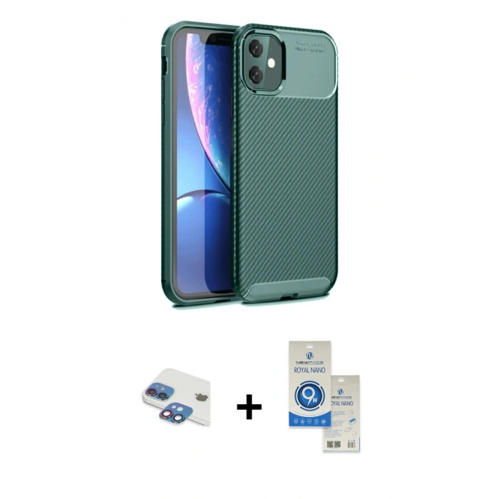MARSİLYAN™- iPhone 11 Kılıf Eksen Form Prime - Şeffaf Royal Nano Ekran Koruyucu + Pers Alüminyum Kamera Lens - GI