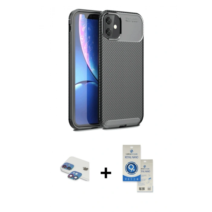 MARSİLYAN™- iPhone 11 Kılıf Eksen Form Prime - Şeffaf Royal Nano Ekran Koruyucu + Pers Alüminyum Kamera Lens - GI