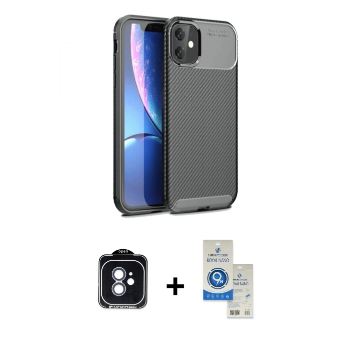 MARSİLYAN™- iPhone 11 Kılıf Eksen Form Prime - Şeffaf Royal Nano Ekran Koruyucu + PVD Metal Kamera Lens - MI