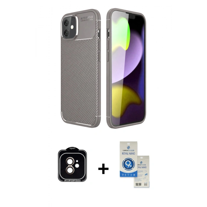 MARSİLYAN™- iPhone 11 Kılıf Eksen Form Prime - Şeffaf Royal Nano Ekran Koruyucu + PVD Metal Kamera Lens - TU