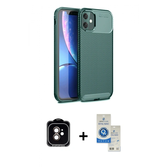MARSİLYAN™- iPhone 11 Kılıf Eksen Form Prime - Şeffaf Royal Nano Ekran Koruyucu + PVD Metal Kamera Lens - TU