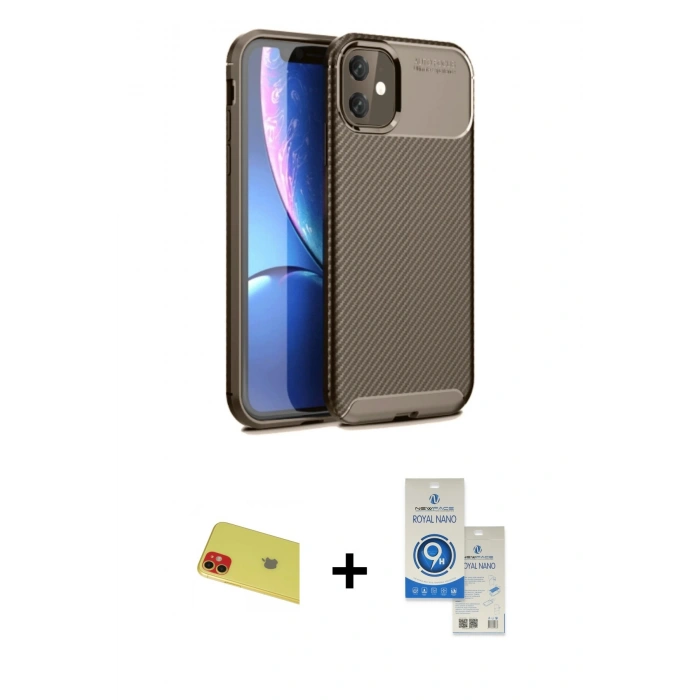 MARSİLYAN™- iPhone 11 Kılıf Eksen Form Prime - Şeffaf Royal Nano Ekran Koruyucu + Rainbow Kamera Lens Koruma Cam - KI