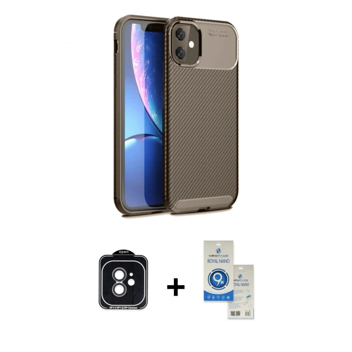 MARSİLYAN™- iPhone 11 Kılıf Eksen Form Prime - Şeffaf Royal Nano Ekran Koruyucu + PVD Metal Kamera Lens - SH