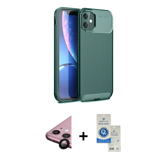 MARSİLYAN™- iPhone 11 Kılıf Eksen Form Prime - Şeffaf Royal Nano Ekran Koruyucu + Raze Metal Kamera Lens - SH