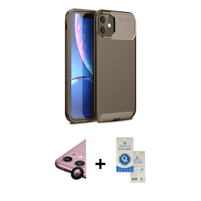 MARSİLYAN™- iPhone 11 Kılıf Eksen Form Prime - Şeffaf Royal Nano Ekran Koruyucu + Raze Metal Kamera Lens - SH