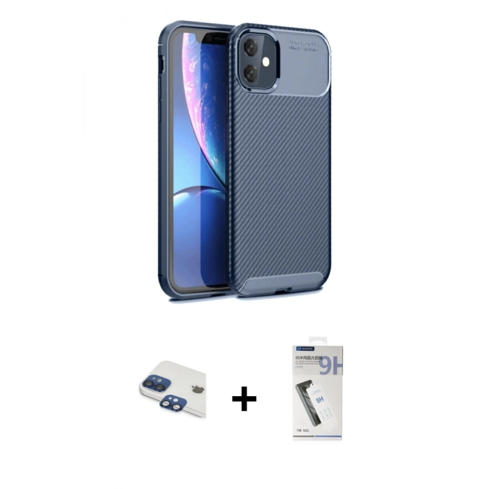 MARSİLYAN™- iPhone 11 Kılıf Eksen Form Prime - Şeffaf Uv Polymer Nano Ekran Koruyucu + Lacivert Pers Alüminyum Kamera Lens