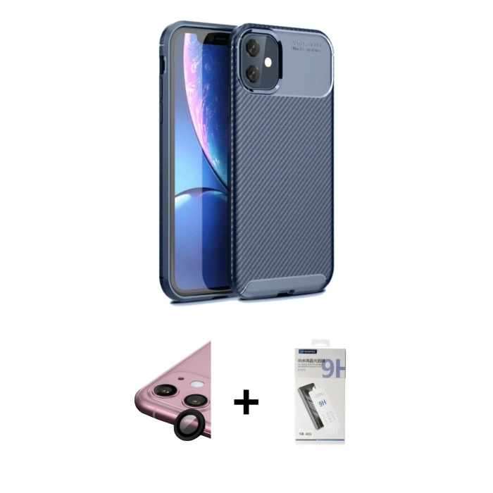 MARSİLYAN™- iPhone 11 Kılıf Eksen Form Prime - Şeffaf Uv Polymer Nano Ekran Koruyucu + Siyah Raze Metal Kamera Lens