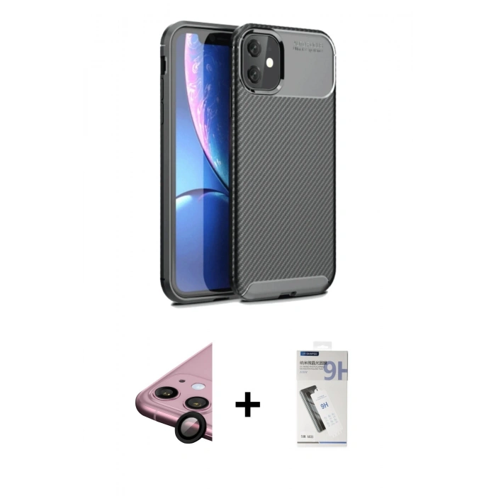 MARSİLYAN™- iPhone 11 Kılıf Eksen Form Prime - Şeffaf Uv Polymer Nano Ekran Koruyucu + Siyah Raze Metal Kamera Lens
