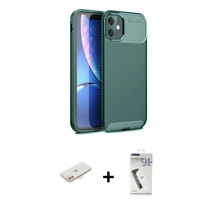 MARSİLYAN™- iPhone 11 Kılıf Eksen Form Prime - Şeffaf Uv Polymer Nano Ekran Koruyucu + Yeşil Renkli Kamera Lens Koruma Cam