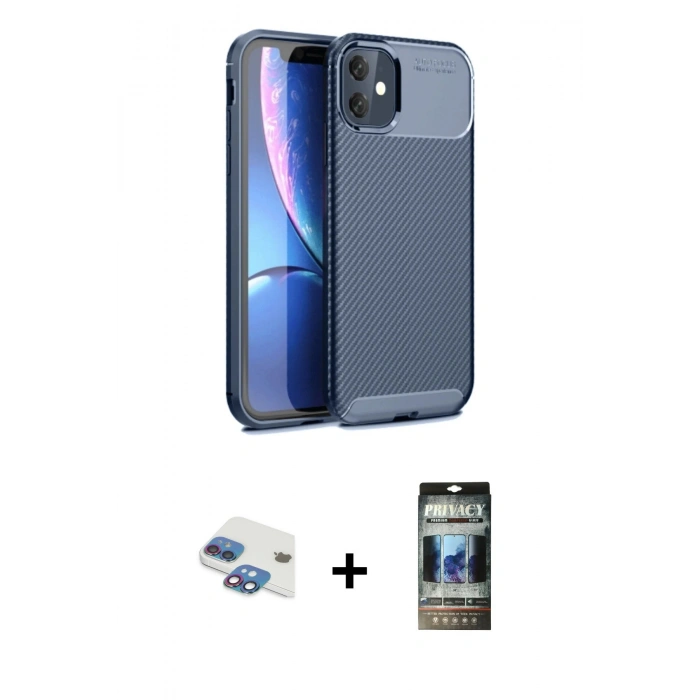 MARSİLYAN™- iPhone 11 Kılıf Eksen Form Prime - Siyah 34D Hayalet Izgaralı Cam + Gökkuşağı Pers Alüminyum Kamera Lens