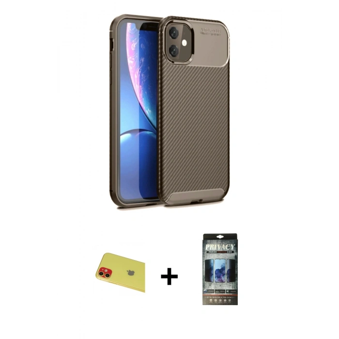 MARSİLYAN™- iPhone 11 Kılıf Eksen Form Prime - Siyah 34D Hayalet Izgaralı Cam + Rainbow Kamera Lens Koruma Cam - KI